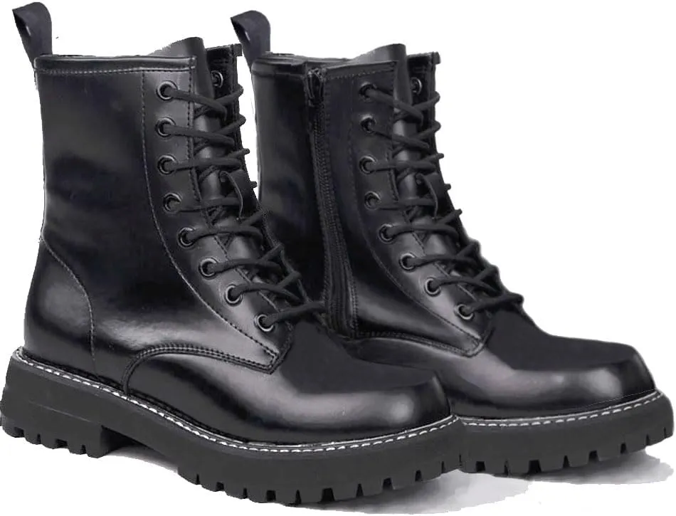 Women's genuine leather Combat Boots Low Heel Lace Up Ankle Booties With Side Zipper