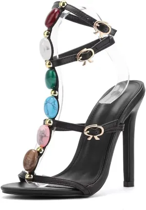 Women's Jeweled Ankle Strap Stiletto Heels Sandals Summer Open Toe Strappy Gladiator Heeled Sandals for Women