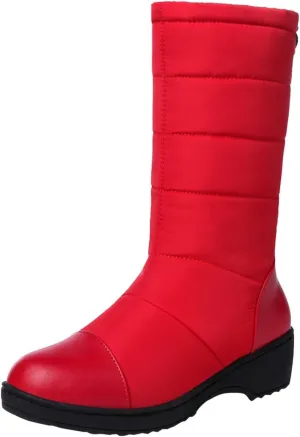 Women's Mid Calf Boots Fleece Lined Warm Snow Boots Solid Insulated Snow Boots Outdoor Leather Winter Boots