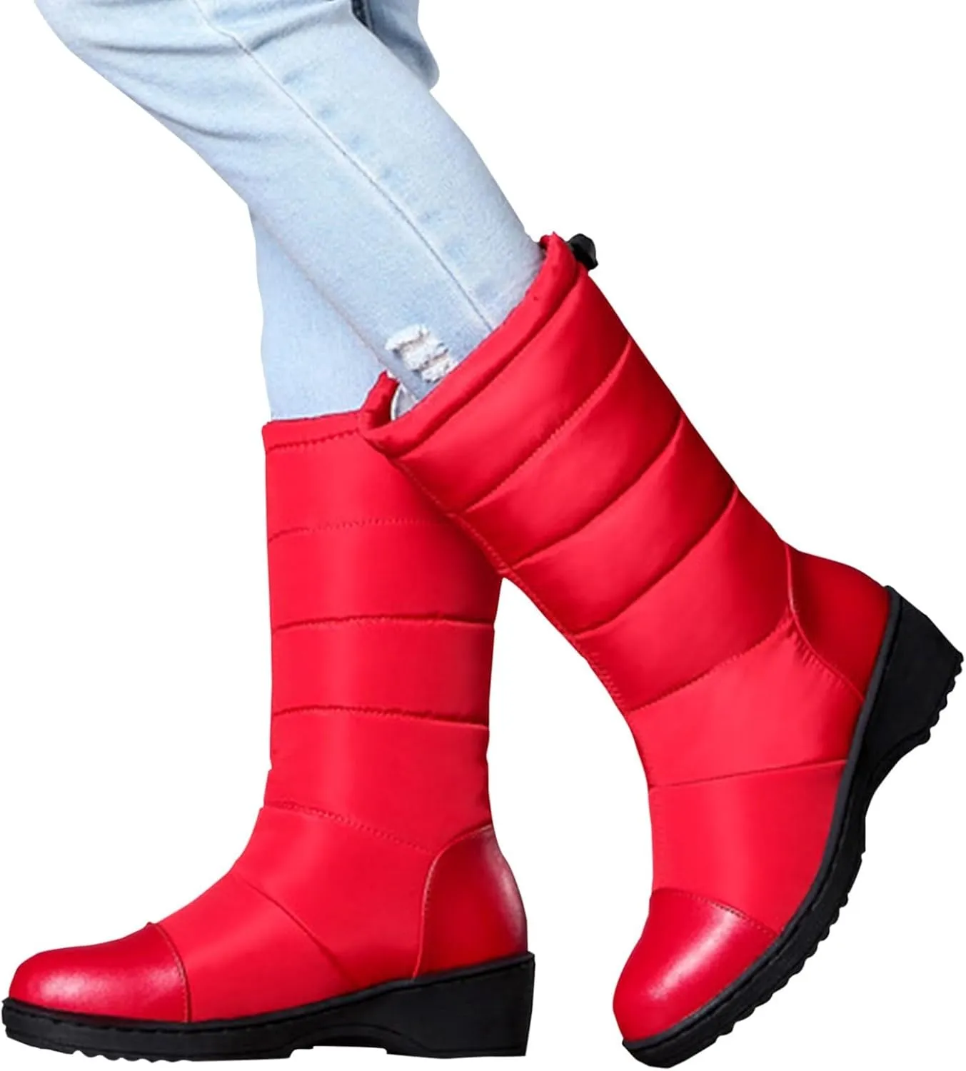 Women's Mid Calf Boots Fleece Lined Warm Snow Boots Solid Insulated Snow Boots Outdoor Leather Winter Boots