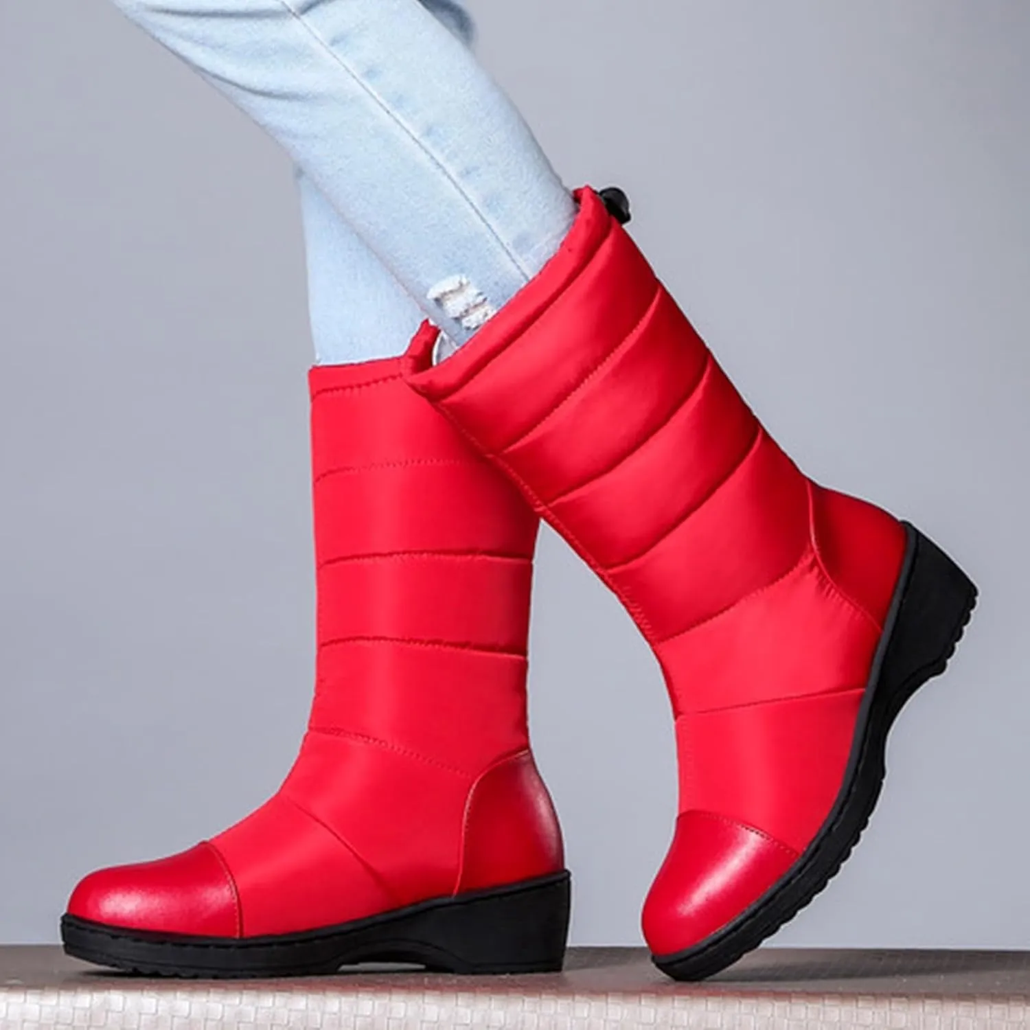 Women's Mid Calf Boots Fleece Lined Warm Snow Boots Solid Insulated Snow Boots Outdoor Leather Winter Boots