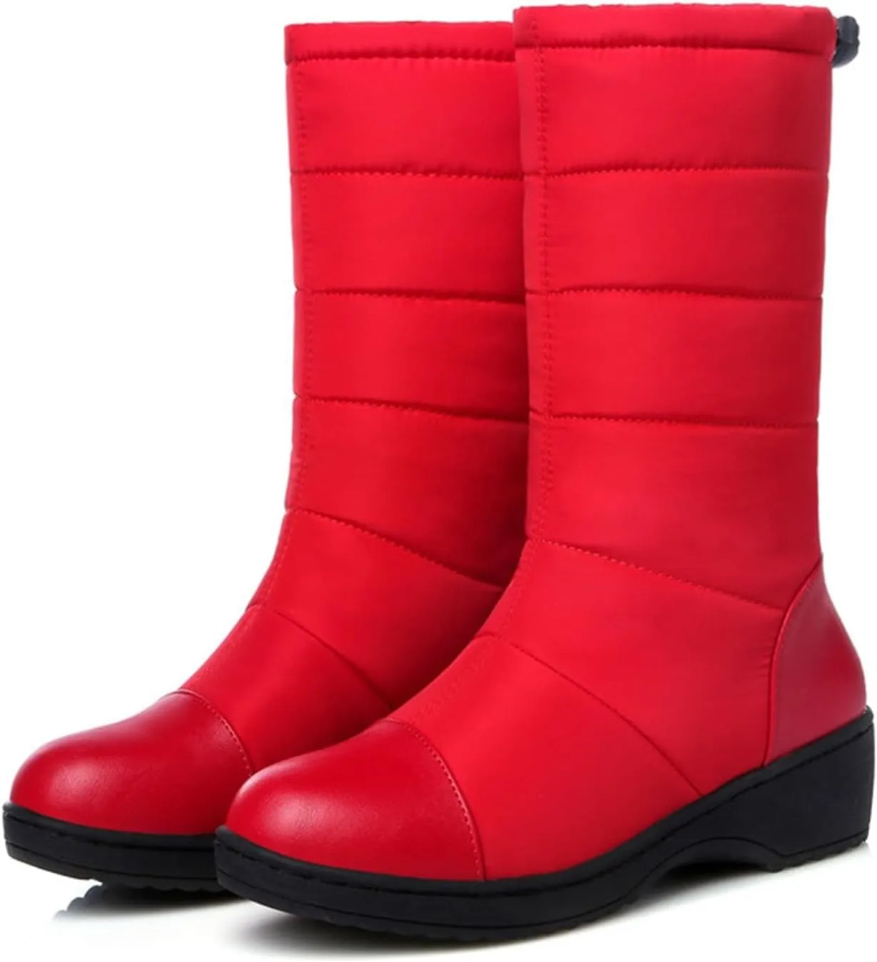 Women's Mid Calf Boots Fleece Lined Warm Snow Boots Solid Insulated Snow Boots Outdoor Leather Winter Boots