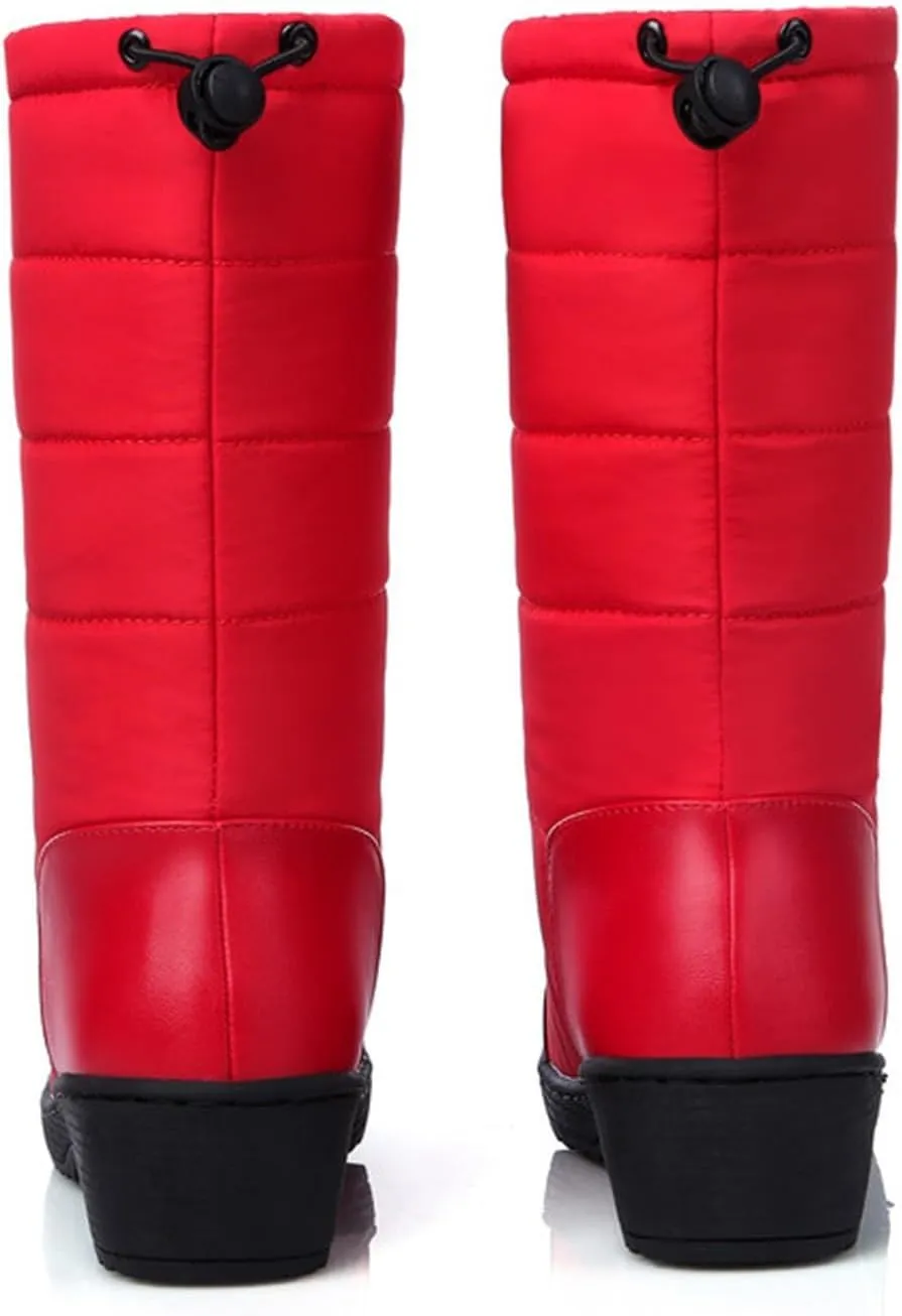 Women's Mid Calf Boots Fleece Lined Warm Snow Boots Solid Insulated Snow Boots Outdoor Leather Winter Boots