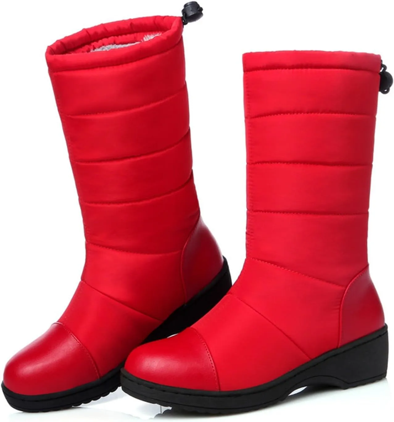 Women's Mid Calf Boots Fleece Lined Warm Snow Boots Solid Insulated Snow Boots Outdoor Leather Winter Boots