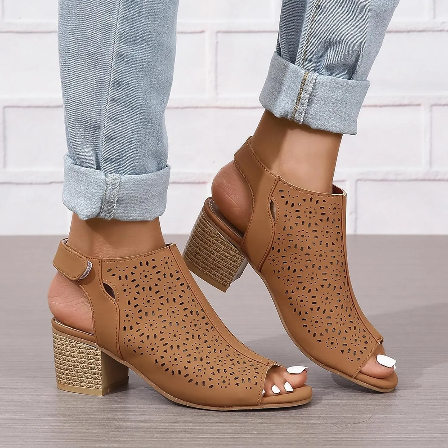 Women's Peep Toe Cutout Sandals Slingback Ankle Strap Low Stacked Heel Ankle Bootie Summer Dress Sandals