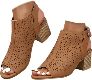 Women's Peep Toe Cutout Sandals Slingback Ankle Strap Low Stacked Heel Ankle Bootie Summer Dress Sandals