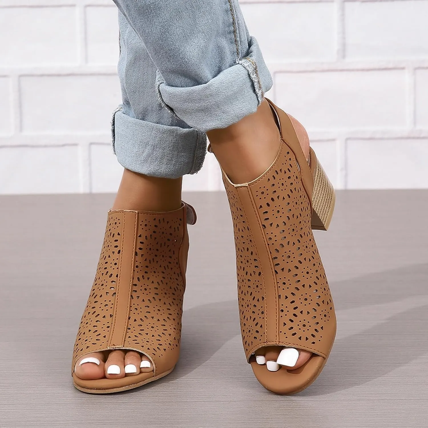 Women's Peep Toe Cutout Sandals Slingback Ankle Strap Low Stacked Heel Ankle Bootie Summer Dress Sandals