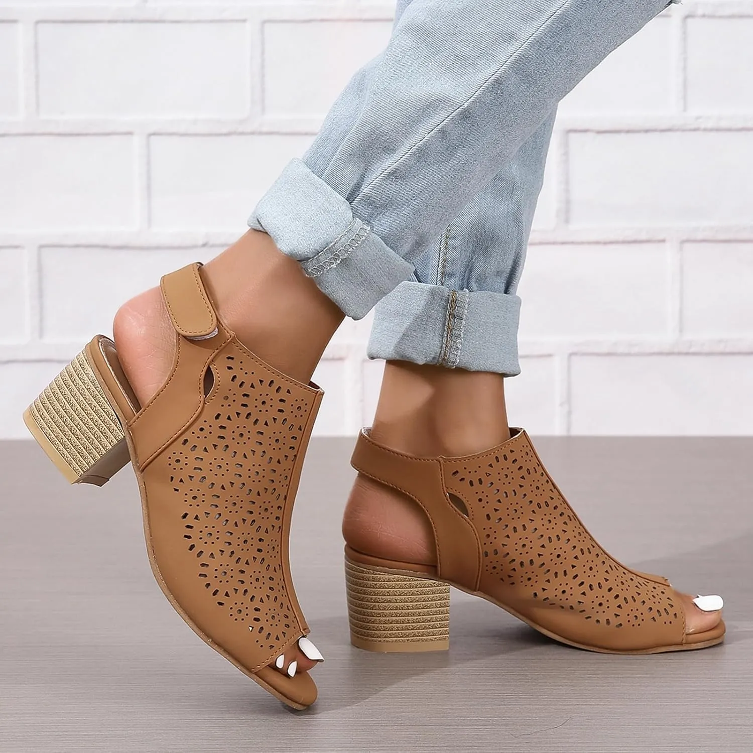 Women's Peep Toe Cutout Sandals Slingback Ankle Strap Low Stacked Heel Ankle Bootie Summer Dress Sandals