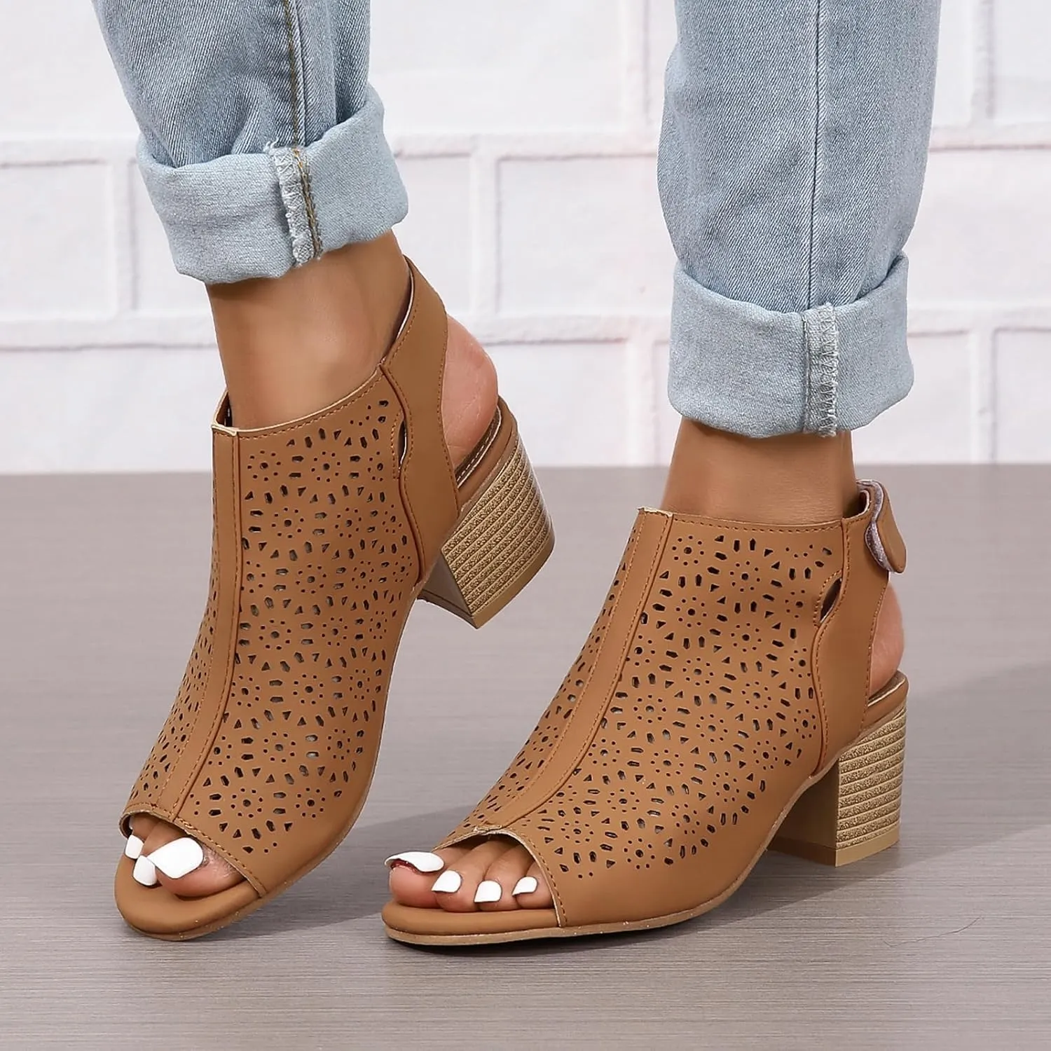 Women's Peep Toe Cutout Sandals Slingback Ankle Strap Low Stacked Heel Ankle Bootie Summer Dress Sandals