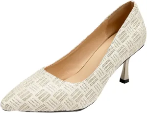 Women's Pointed Toe Pumps, Textured White Pattern, Kitten Heel, Classic Office Dress Shoes