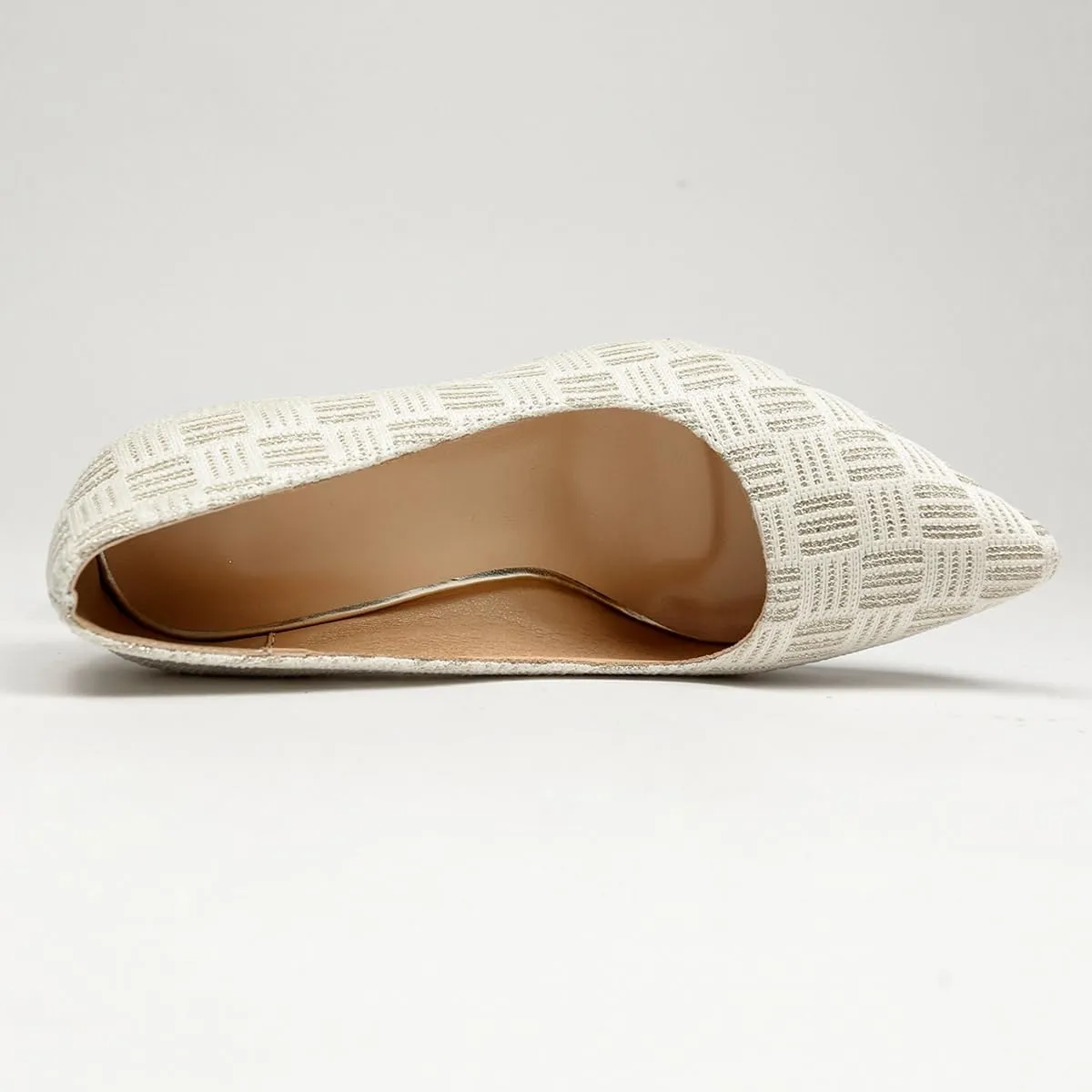 Women's Pointed Toe Pumps, Textured White Pattern, Kitten Heel, Classic Office Dress Shoes