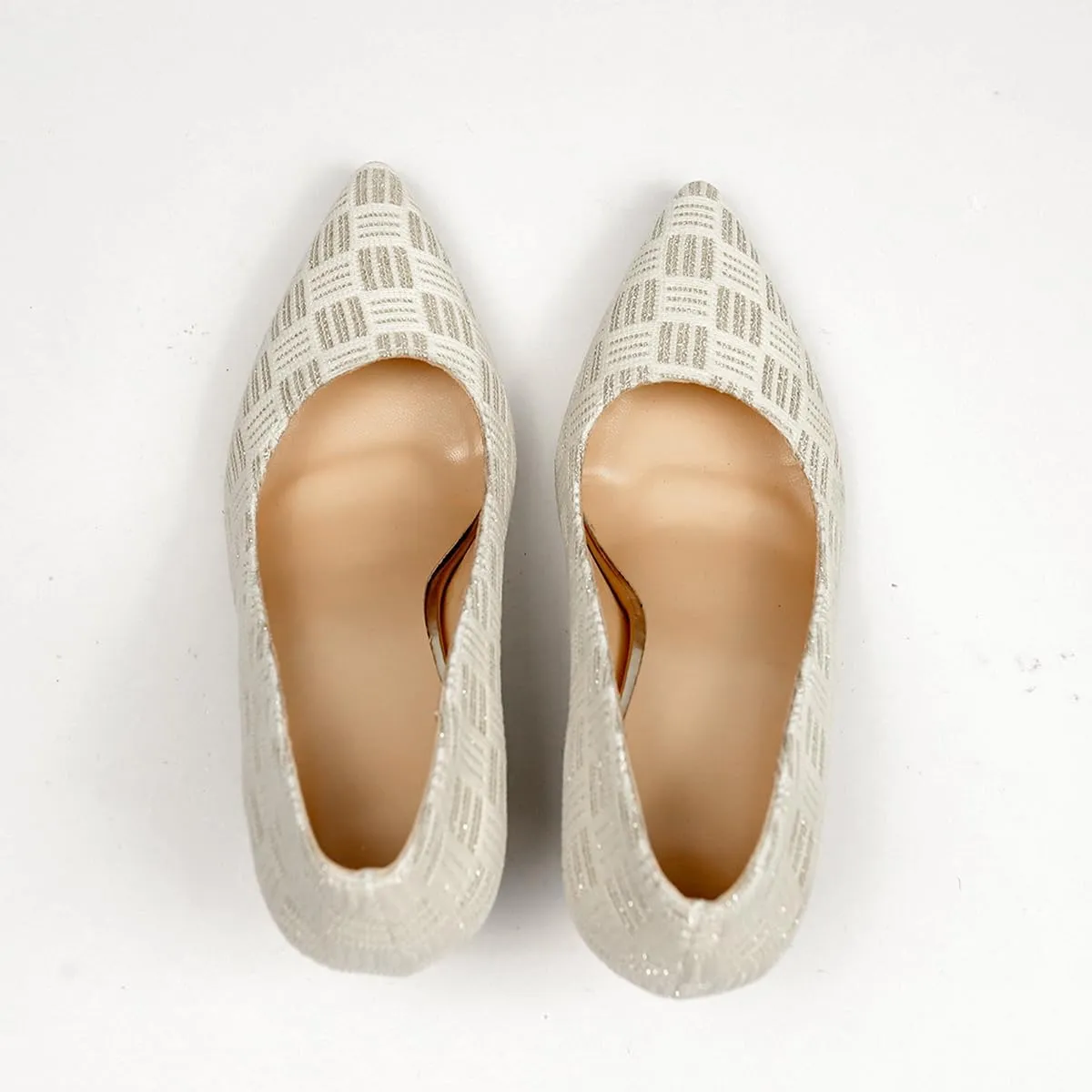 Women's Pointed Toe Pumps, Textured White Pattern, Kitten Heel, Classic Office Dress Shoes