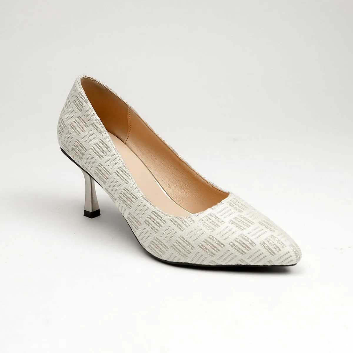 Women's Pointed Toe Pumps, Textured White Pattern, Kitten Heel, Classic Office Dress Shoes