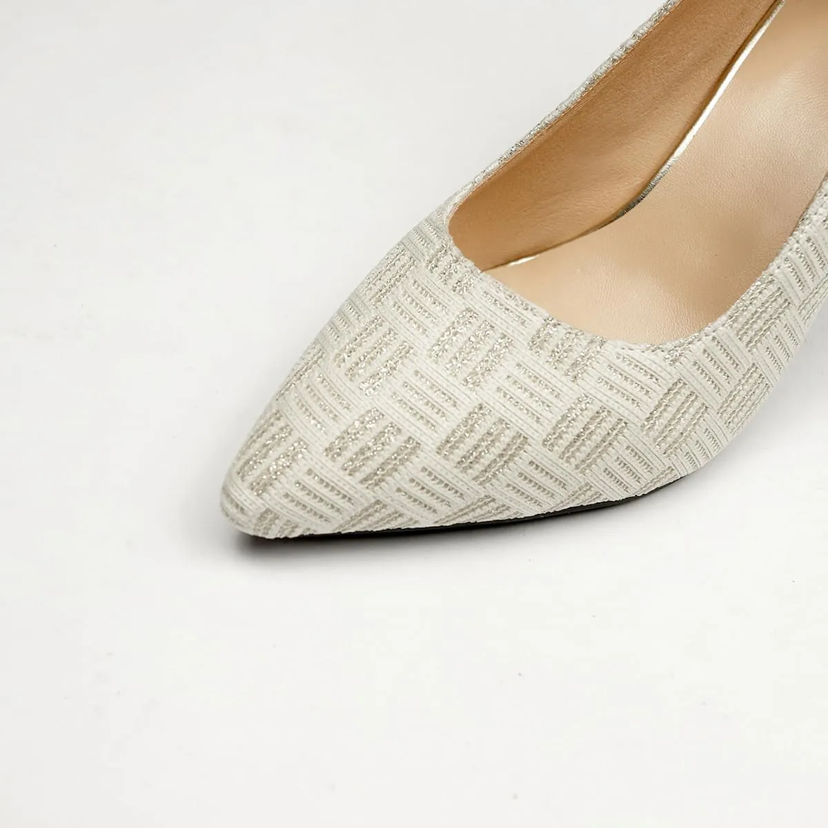 Women's Pointed Toe Pumps, Textured White Pattern, Kitten Heel, Classic Office Dress Shoes