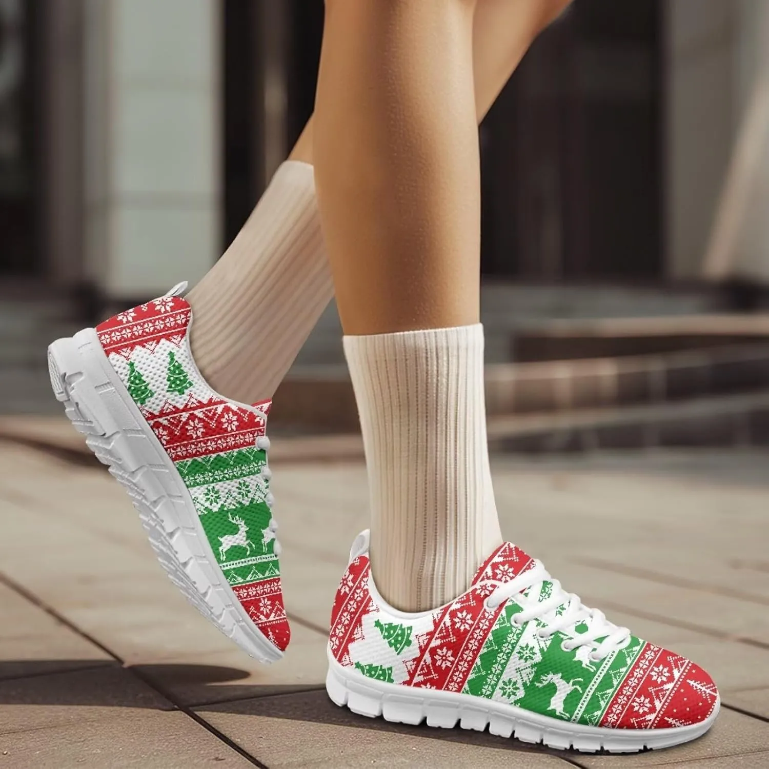 Women's Running Shoes Christmas Sneakers Breathable Sports Tennis Shoes Trainers Lace-up Comfortable Causal Travel Walking Shoes for Lady US 5-12
