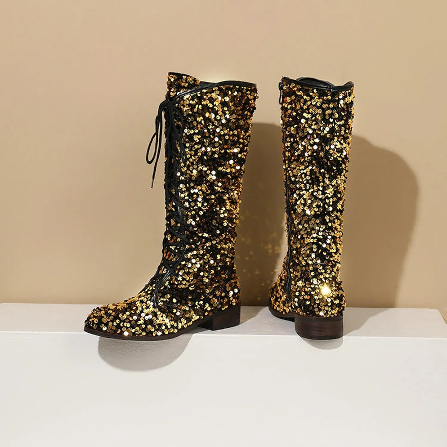 Women's Shiny Sequin Mid Calf Boots Lace-Up Cowgirl Party Boots Long Tall Flats Cowboy Booties