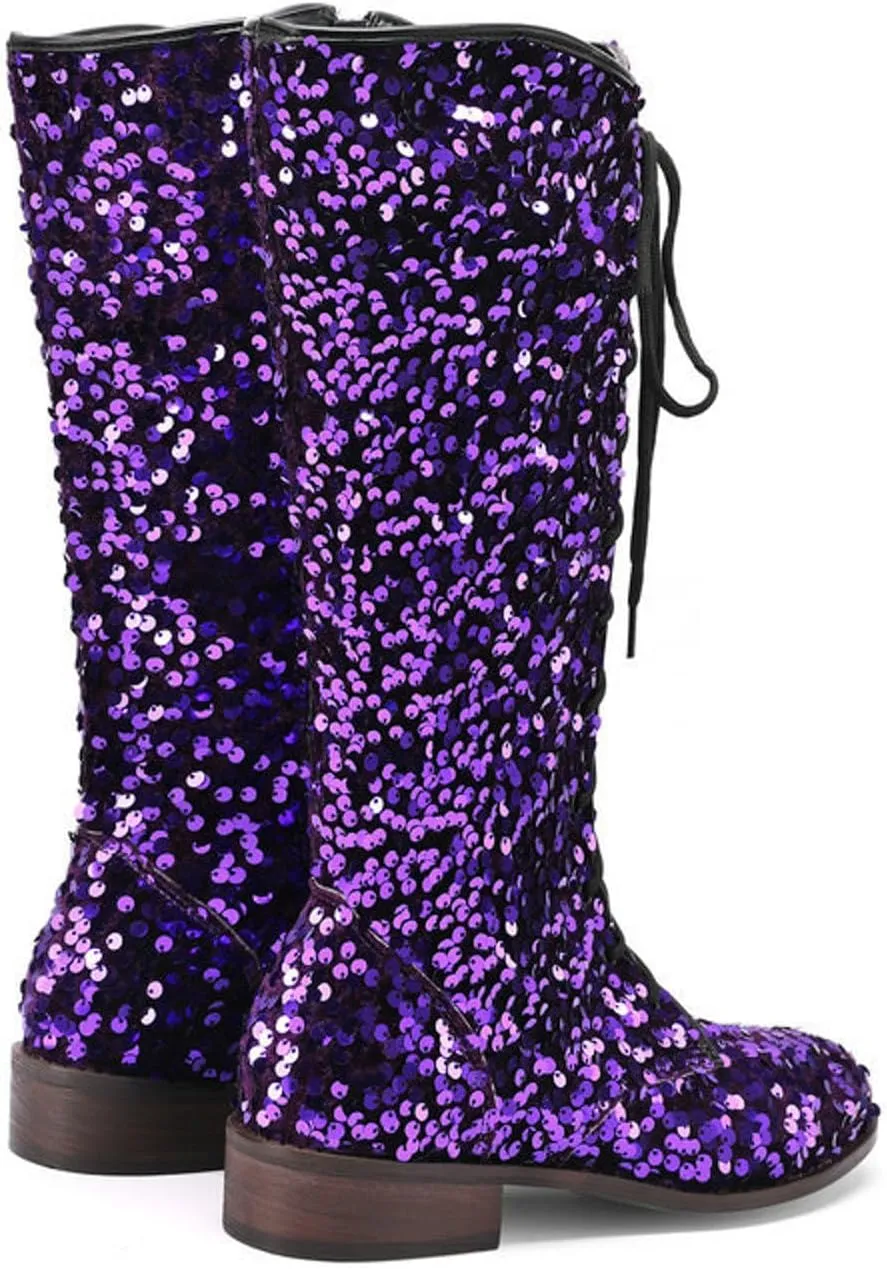 Women's Shiny Sequin Mid Calf Boots Lace-Up Cowgirl Party Boots Long Tall Flats Cowboy Booties