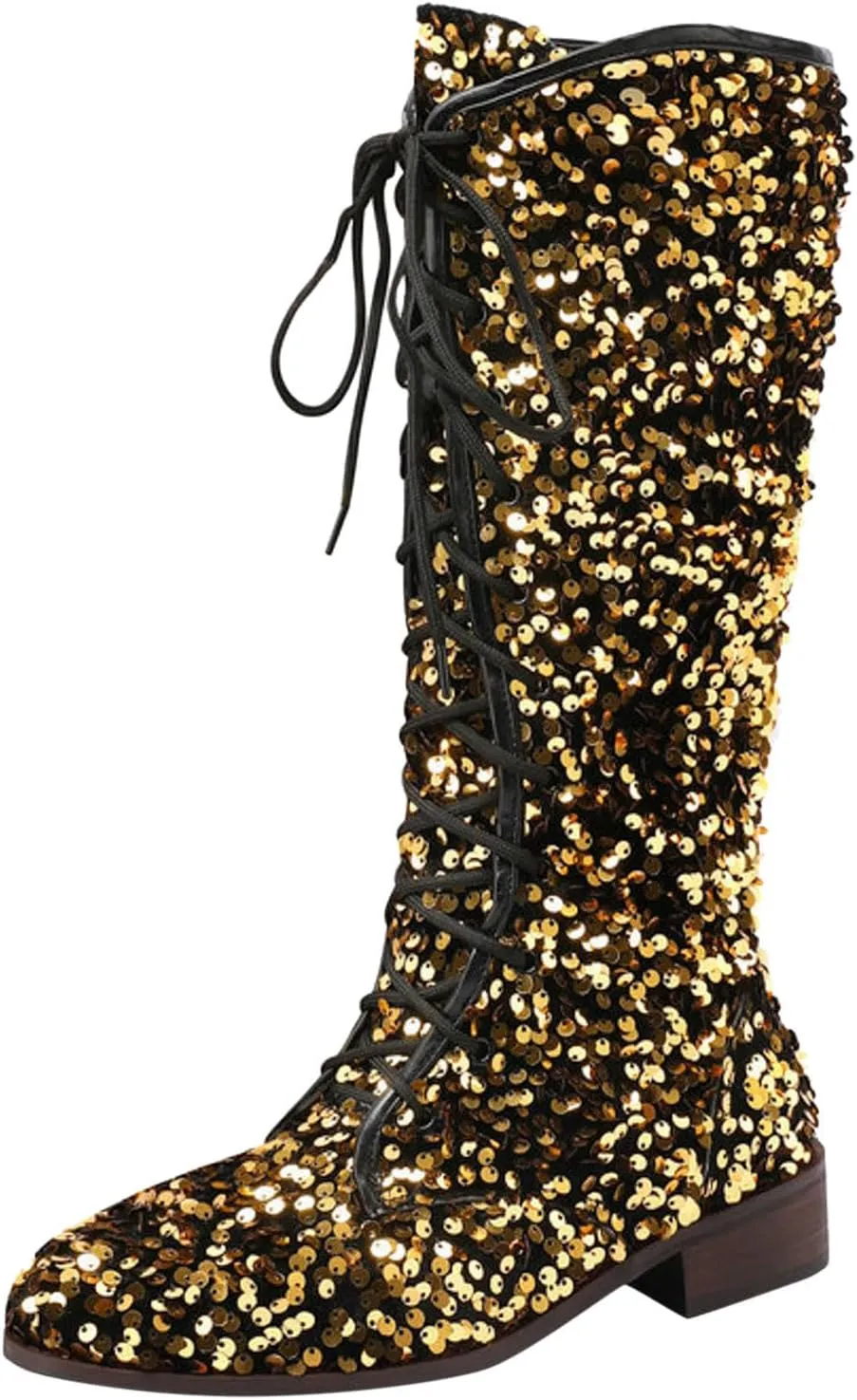 Women's Shiny Sequin Mid Calf Boots Lace-Up Cowgirl Party Boots Long Tall Flats Cowboy Booties
