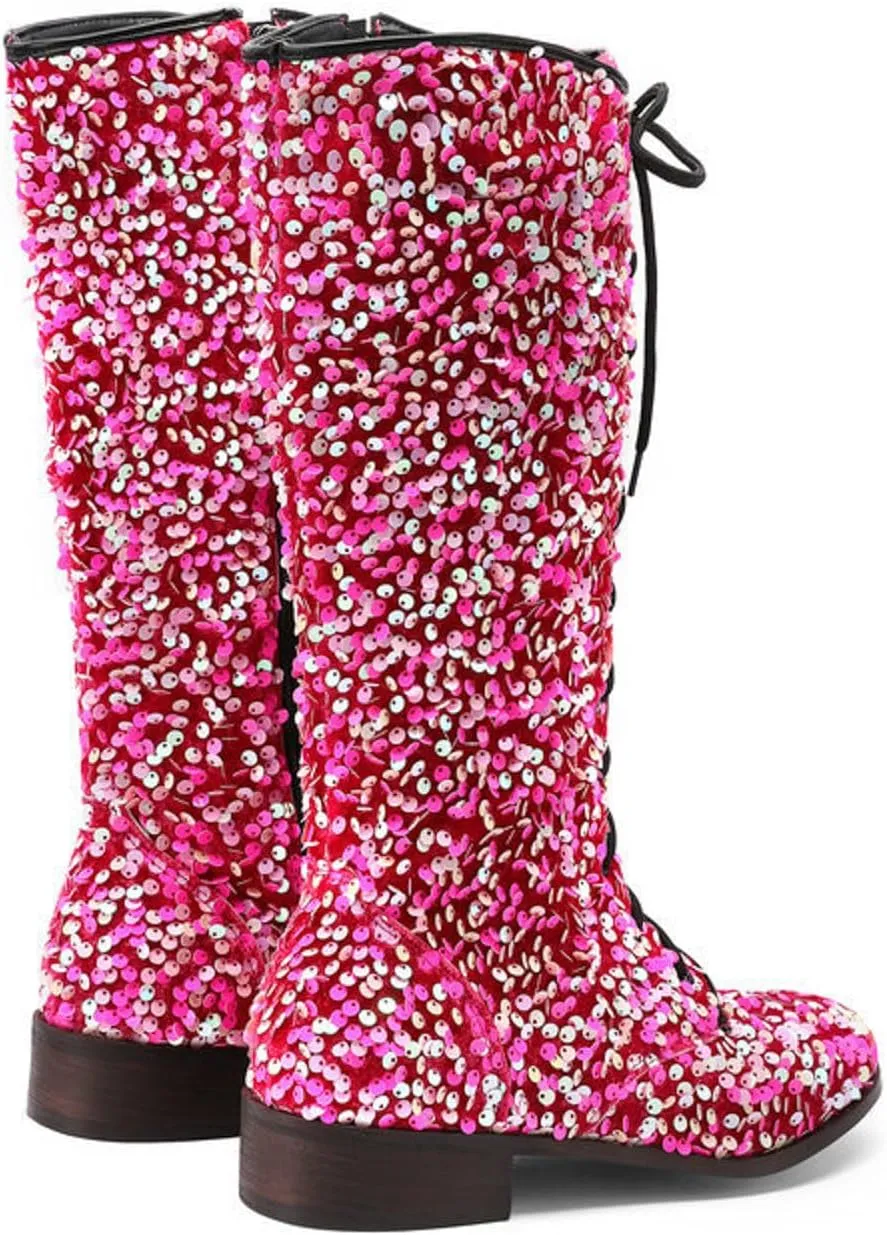 Women's Shiny Sequin Mid Calf Boots Lace-Up Cowgirl Party Boots Long Tall Flats Cowboy Booties