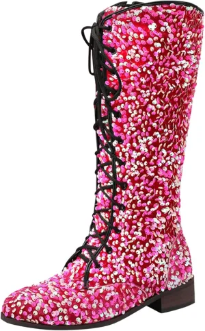 Women's Shiny Sequin Mid Calf Boots Lace-Up Cowgirl Party Boots Long Tall Flats Cowboy Booties