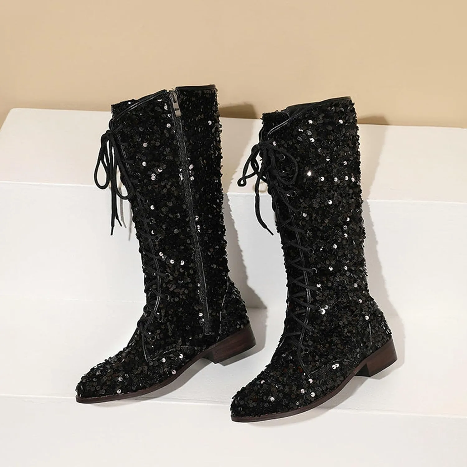 Women's Shiny Sequin Mid Calf Boots Lace-Up Cowgirl Party Boots Long Tall Flats Cowboy Booties