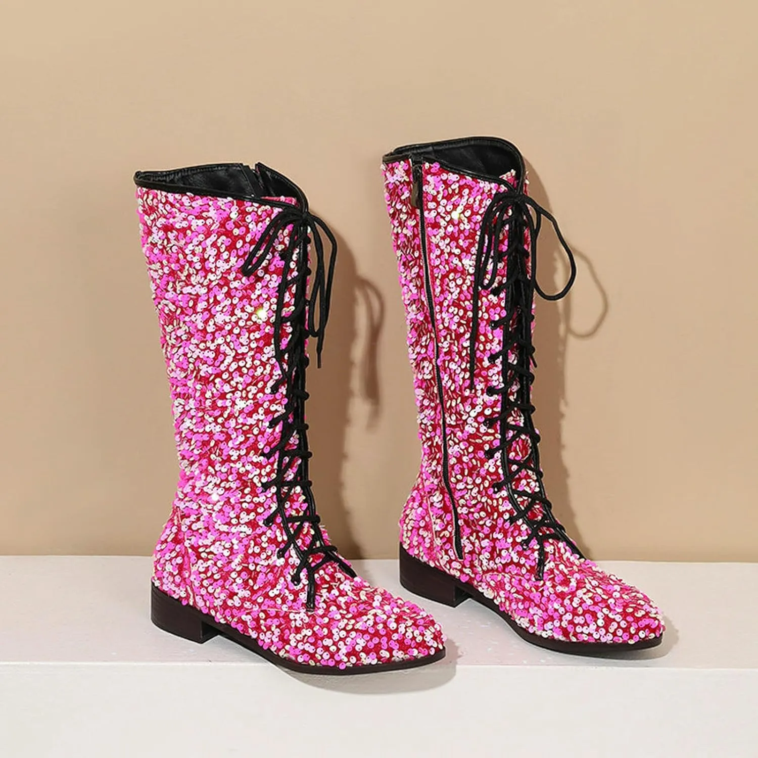 Women's Shiny Sequin Mid Calf Boots Lace-Up Cowgirl Party Boots Long Tall Flats Cowboy Booties