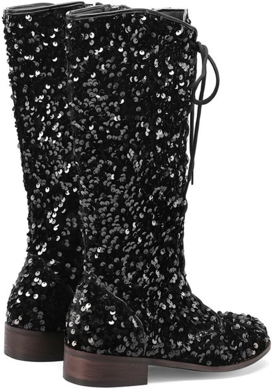 Women's Shiny Sequin Mid Calf Boots Lace-Up Cowgirl Party Boots Long Tall Flats Cowboy Booties