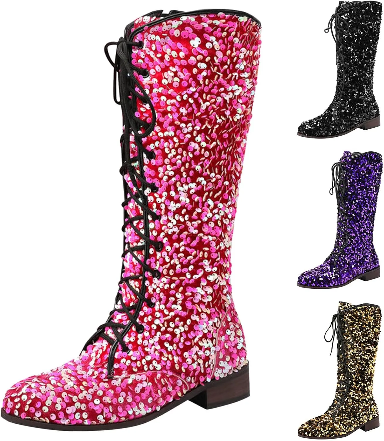 Women's Shiny Sequin Mid Calf Boots Lace-Up Cowgirl Party Boots Long Tall Flats Cowboy Booties