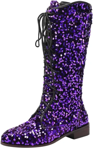 Women's Shiny Sequin Mid Calf Boots Lace-Up Cowgirl Party Boots Long Tall Flats Cowboy Booties