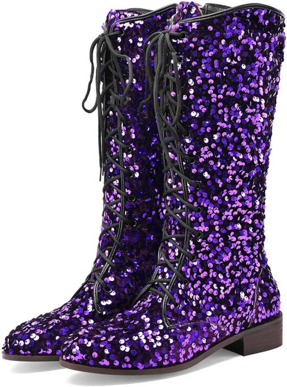 Women's Shiny Sequin Mid Calf Boots Lace-Up Cowgirl Party Boots Long Tall Flats Cowboy Booties