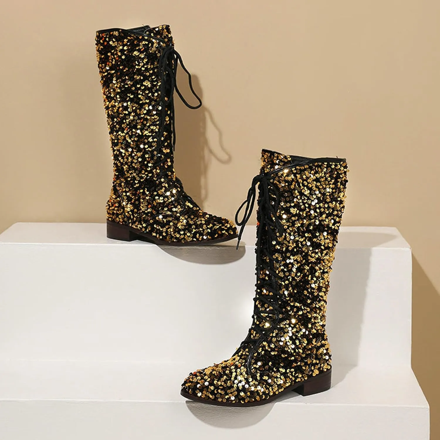 Women's Shiny Sequin Mid Calf Boots Lace-Up Cowgirl Party Boots Long Tall Flats Cowboy Booties