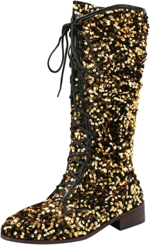 Women's Shiny Sequin Mid Calf Boots Lace-Up Cowgirl Party Boots Long Tall Flats Cowboy Booties