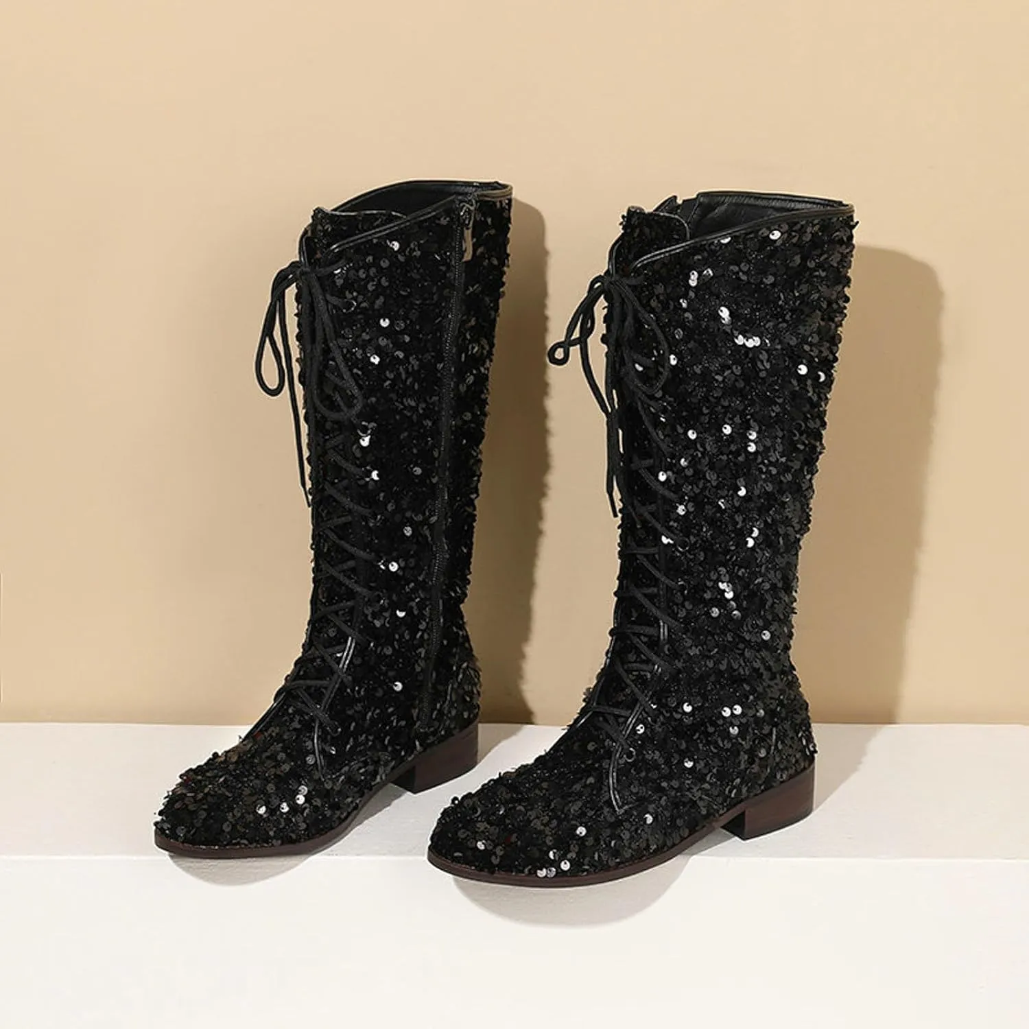 Women's Shiny Sequin Mid Calf Boots Lace-Up Cowgirl Party Boots Long Tall Flats Cowboy Booties