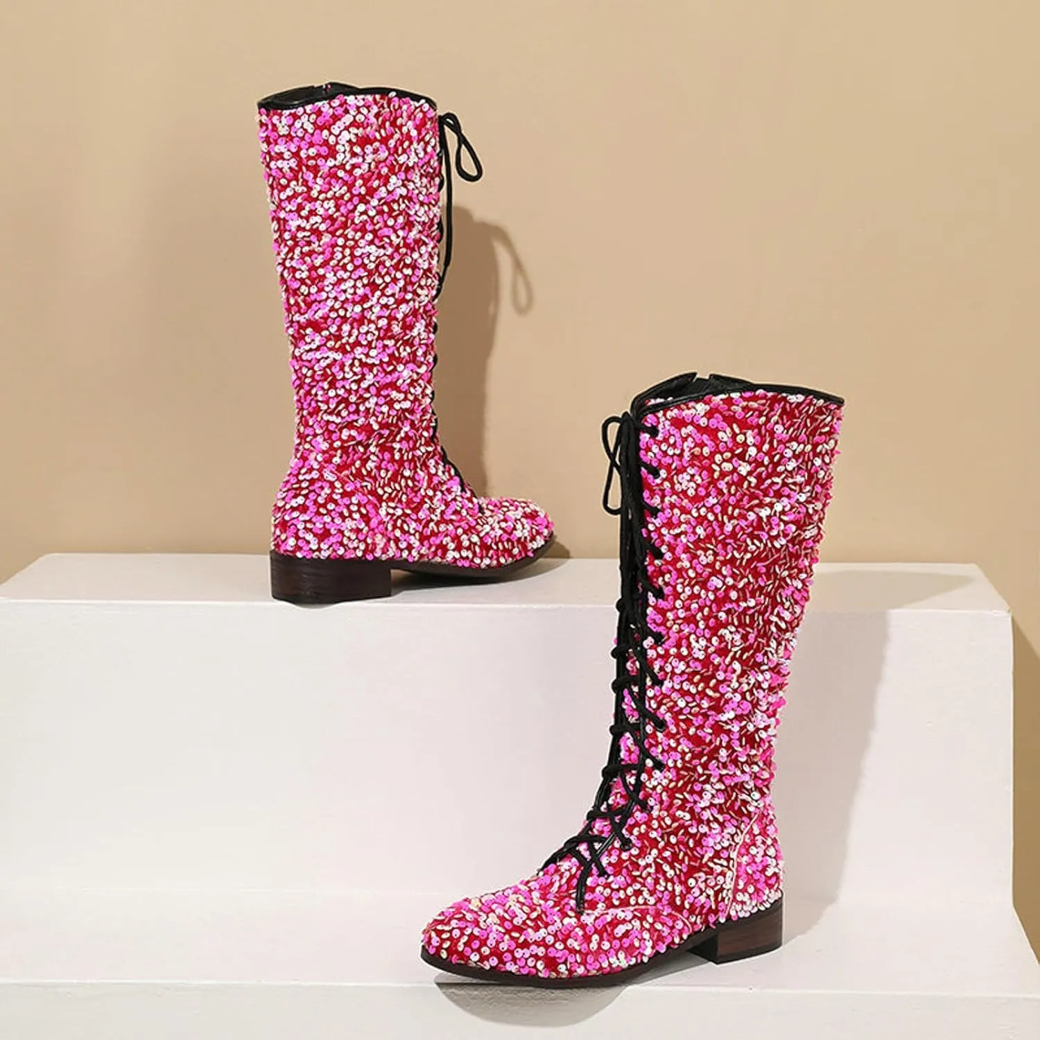 Women's Shiny Sequin Mid Calf Boots Lace-Up Cowgirl Party Boots Long Tall Flats Cowboy Booties