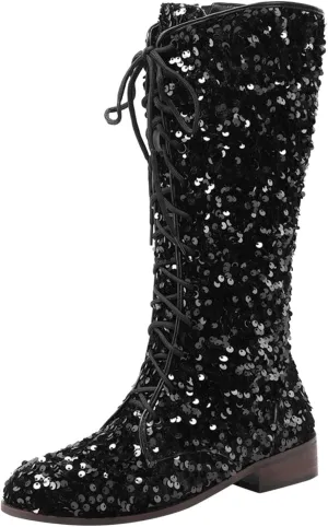 Women's Shiny Sequin Mid Calf Boots Lace-Up Cowgirl Party Boots Long Tall Flats Cowboy Booties