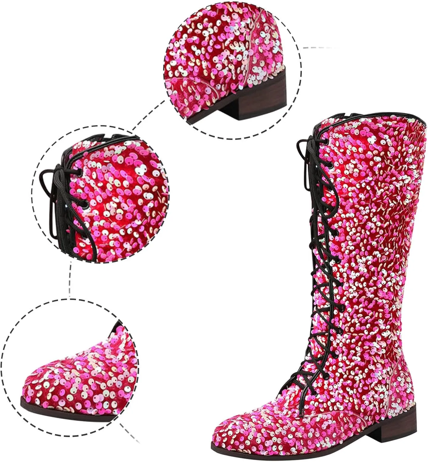 Women's Shiny Sequin Mid Calf Boots Lace-Up Cowgirl Party Boots Long Tall Flats Cowboy Booties
