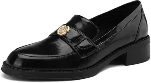Women's Slip-on Loafers with Chunky Heel, Spring/Autumn Pointed Toe Shoes, Comfy Mary Janes with Tea Flower Pattern - Black