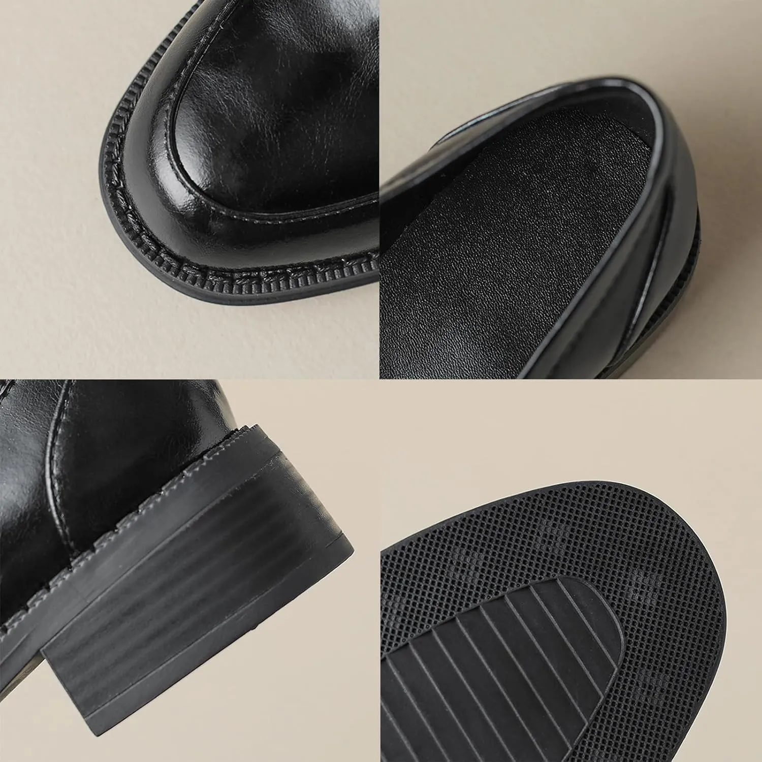 Women's Slip-on Loafers with Chunky Heel, Spring/Autumn Pointed Toe Shoes, Comfy Mary Janes with Tea Flower Pattern - Black