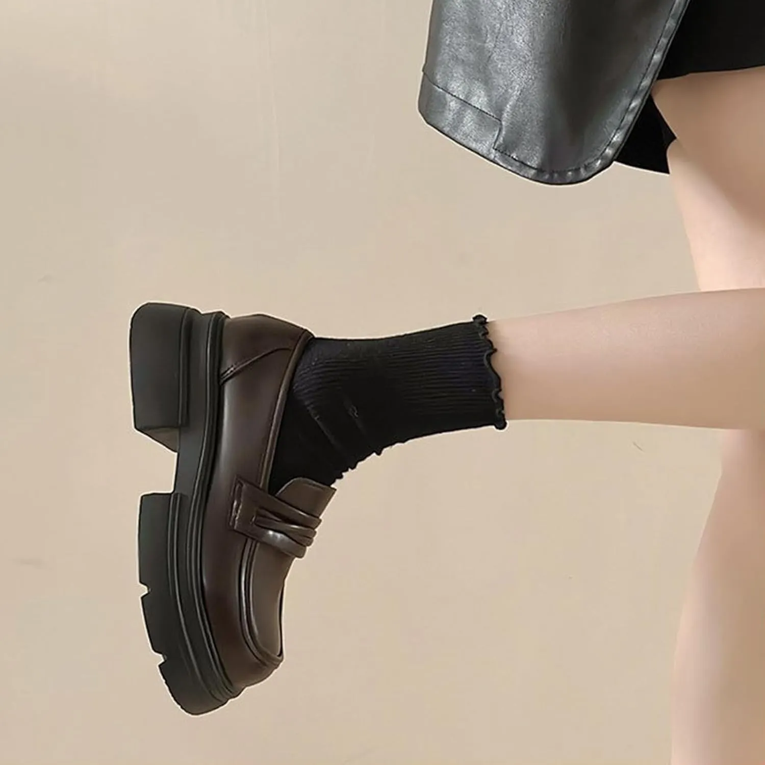 Women's Spring Black Loafers Slip-On Shoes with Thick Sole and Chunky Heel - Stylish and Comfortable Single Shoes,Brown-35