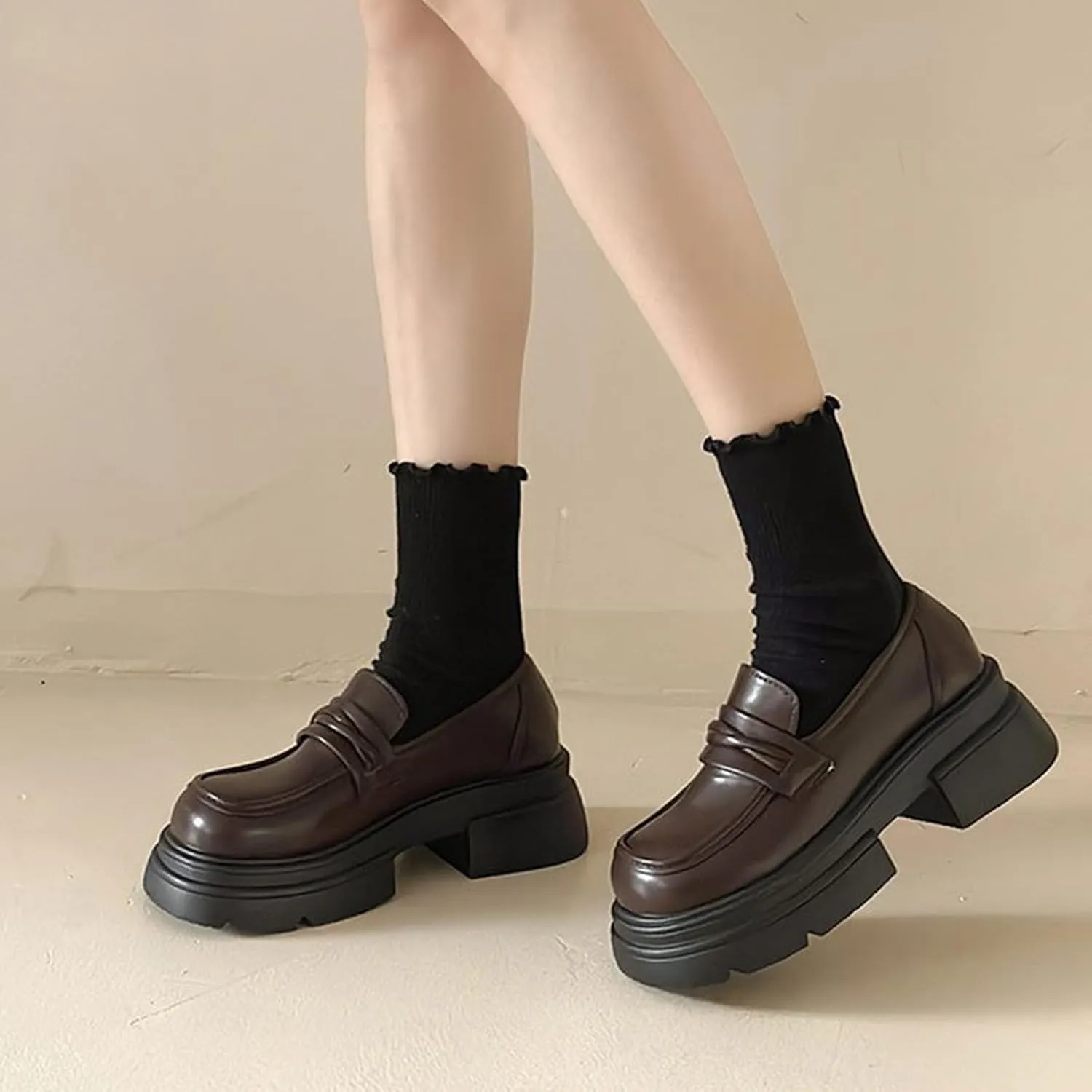 Women's Spring Black Loafers Slip-On Shoes with Thick Sole and Chunky Heel - Stylish and Comfortable Single Shoes,Brown-35