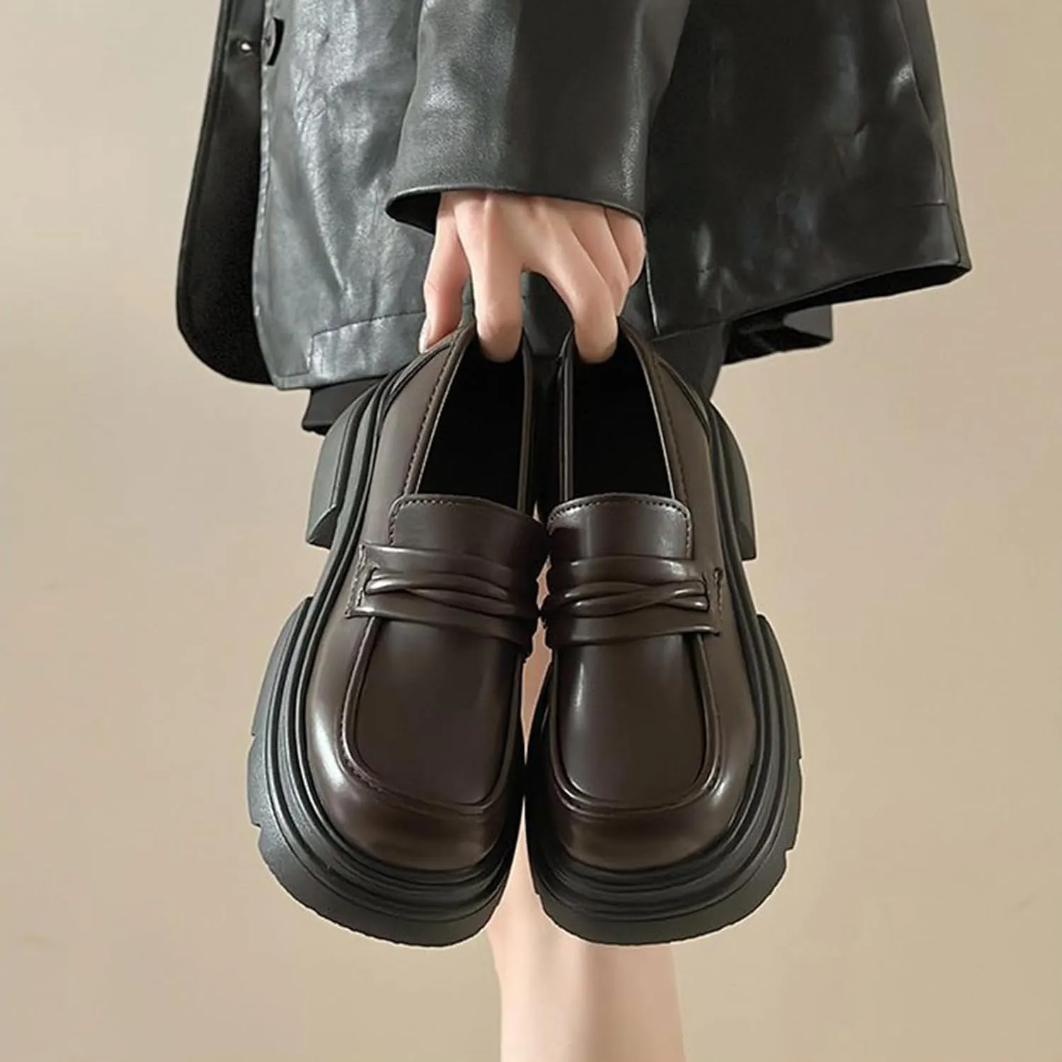 Women's Spring Black Loafers Slip-On Shoes with Thick Sole and Chunky Heel - Stylish and Comfortable Single Shoes,Brown-35