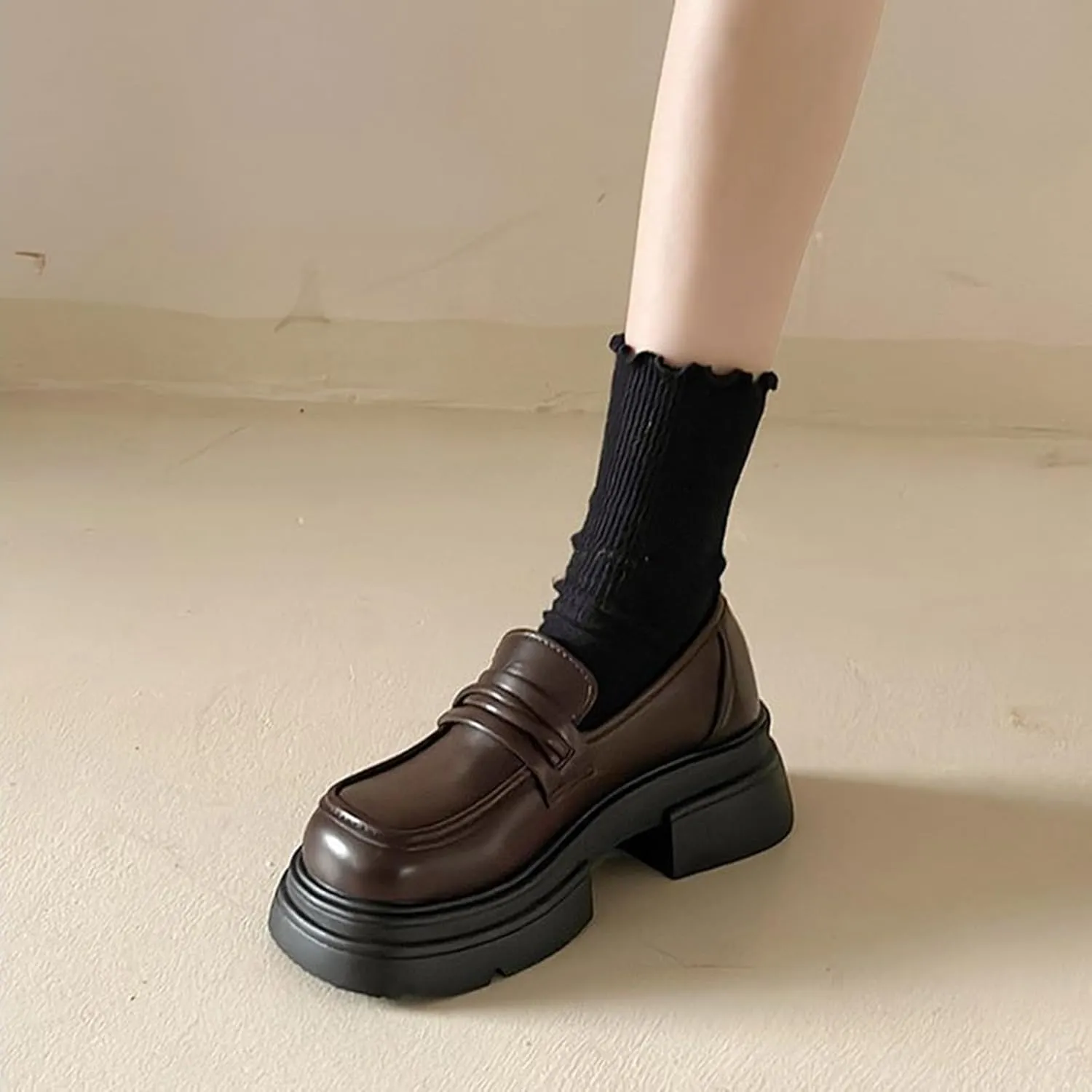 Women's Spring Black Loafers Slip-On Shoes with Thick Sole and Chunky Heel - Stylish and Comfortable Single Shoes,Brown-35