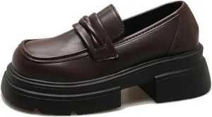 Women's Spring Black Loafers Slip-On Shoes with Thick Sole and Chunky Heel - Stylish and Comfortable Single Shoes,Brown-35