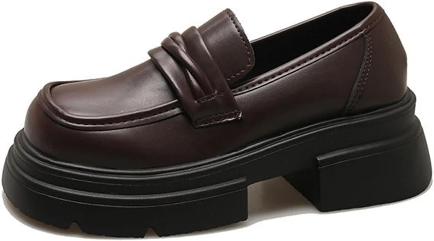 Women's Spring Black Loafers Slip-On Shoes with Thick Sole and Chunky Heel - Stylish and Comfortable Single Shoes,Brown-35