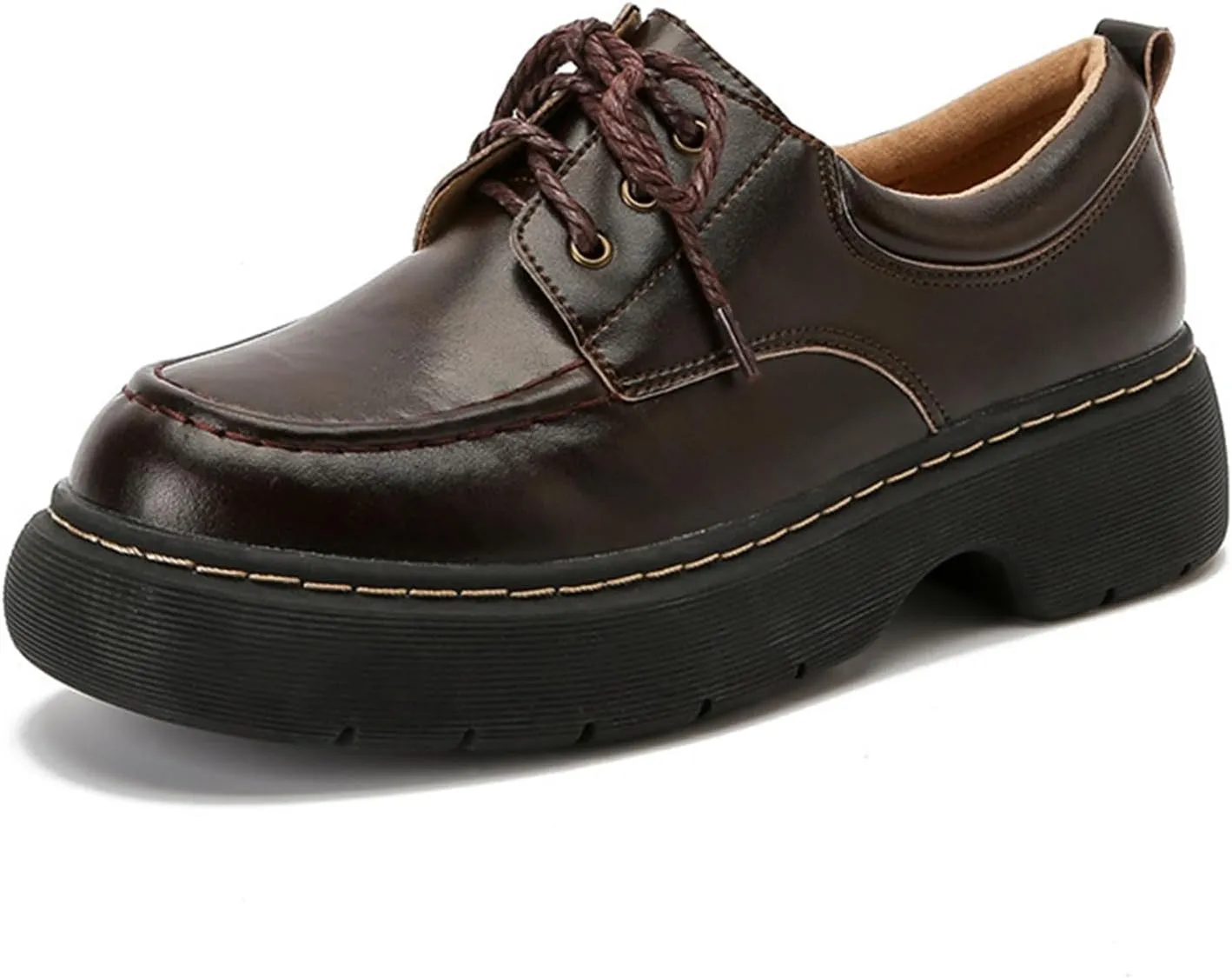 Women's Vintage Round Toe Lace-Up Chunky Heel Loafers for Spring and Autumn - Stylish Thick-Soled Leather Shoes