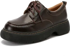 Women's Vintage Round Toe Lace-Up Chunky Heel Loafers for Spring and Autumn - Stylish Thick-Soled Leather Shoes