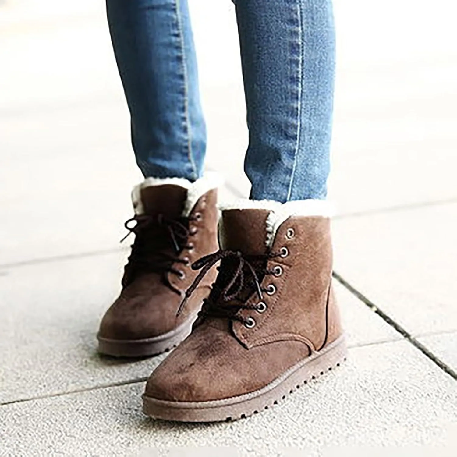 Womens Winter Snow Boots Cotton Warm Fur Snow Winter Lace Up Flat Cute Comfortable Ankle Platform Boots