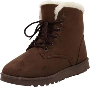 Womens Winter Snow Boots Cotton Warm Fur Snow Winter Lace Up Flat Cute Comfortable Ankle Platform Boots