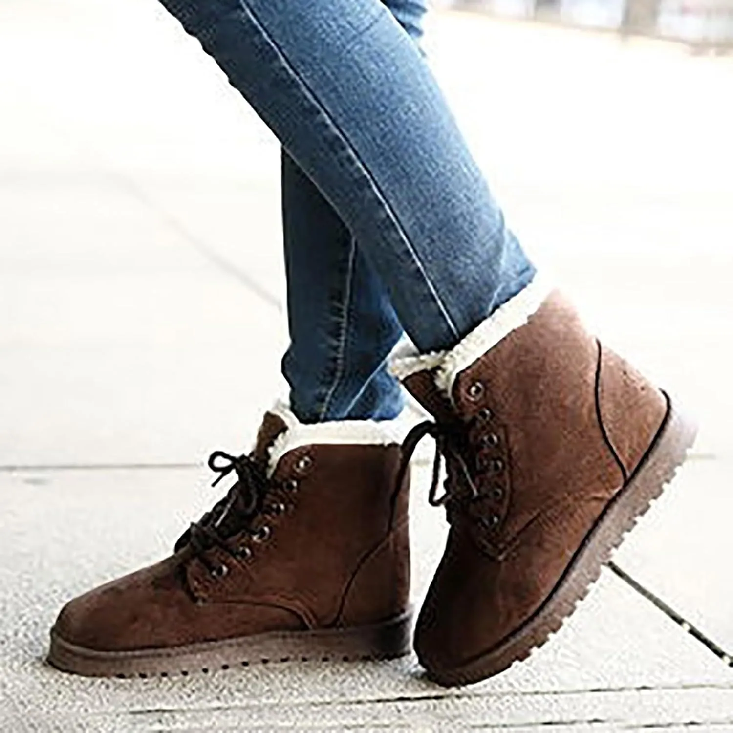 Womens Winter Snow Boots Cotton Warm Fur Snow Winter Lace Up Flat Cute Comfortable Ankle Platform Boots