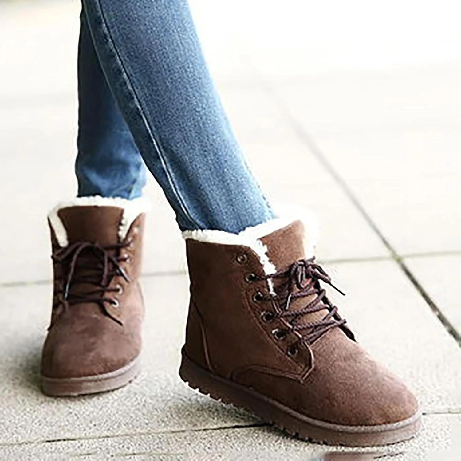 Womens Winter Snow Boots Cotton Warm Fur Snow Winter Lace Up Flat Cute Comfortable Ankle Platform Boots